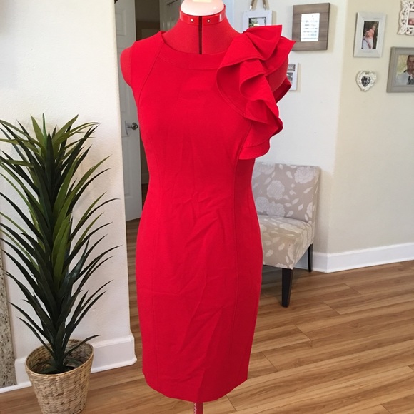 Calvin Klein Dresses & Skirts - Calvin Klein red ruffle sleeve shift dress 2P